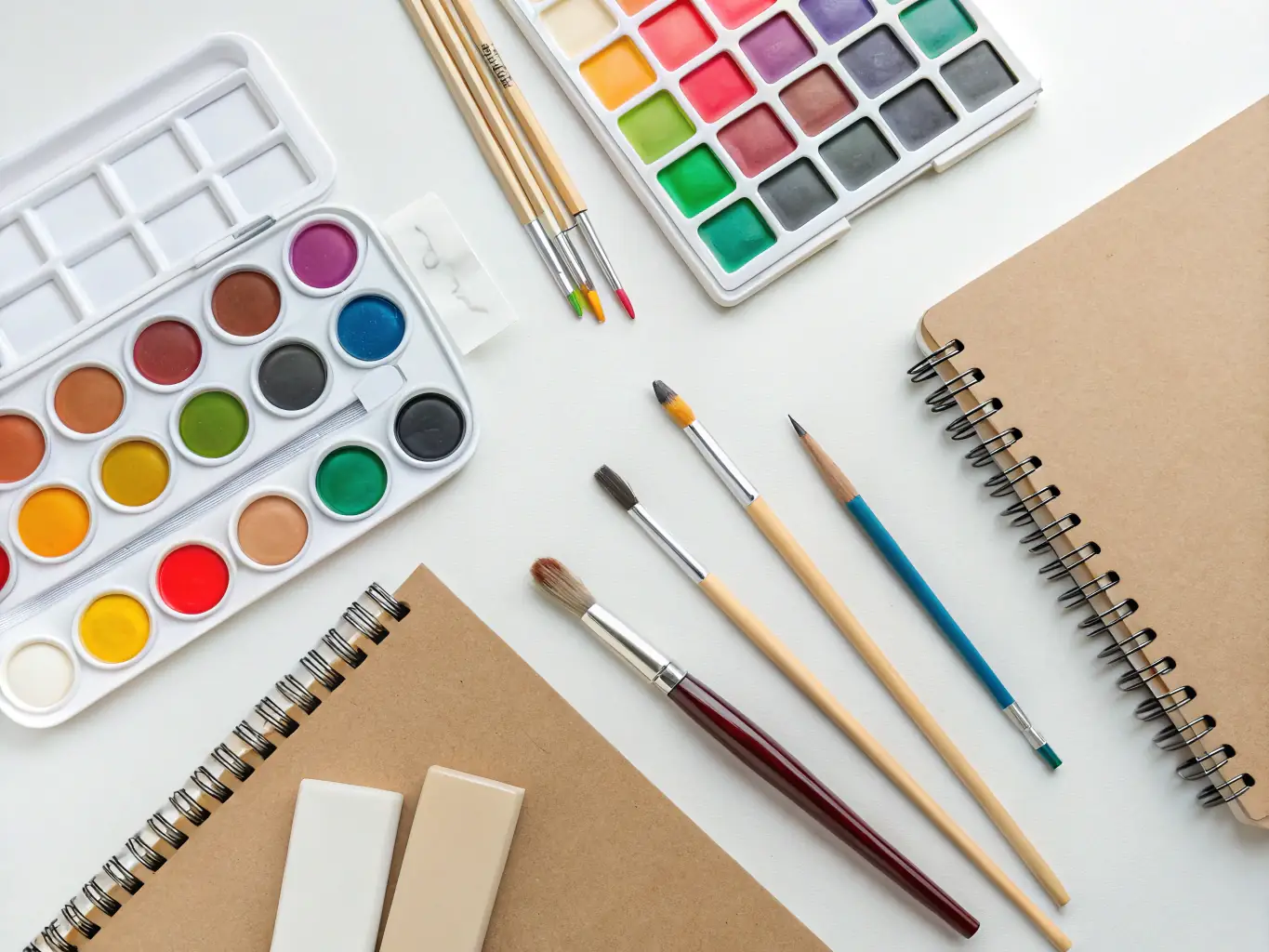 A vibrant display of the tools and materials used in creating A&A Kitty Clay's Whimsical Wonders collection, including colorful clay, sculpting tools, and paintbrushes, arranged in an artful and inspiring composition.