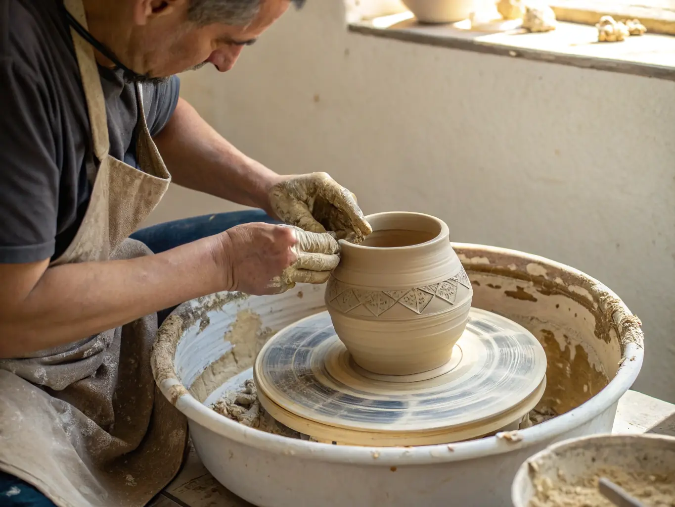A close-up shot of a skilled artisan's hands meticulously sculpting a clay figurine, showcasing the intricate details and craftsmanship involved in creating A&A Kitty Clay's Whimsical Wonders collection.